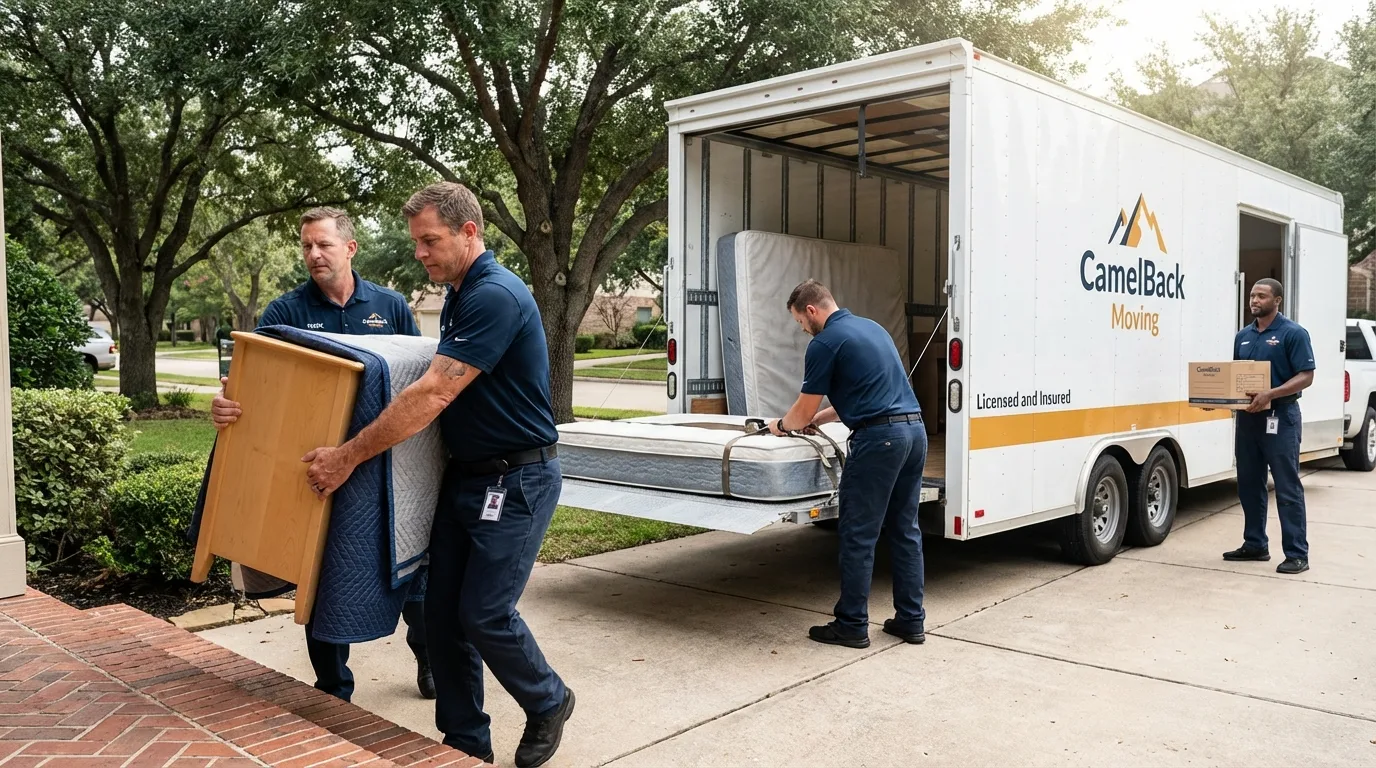 Crew loading residential truck for cross-state move from Troy, TX
