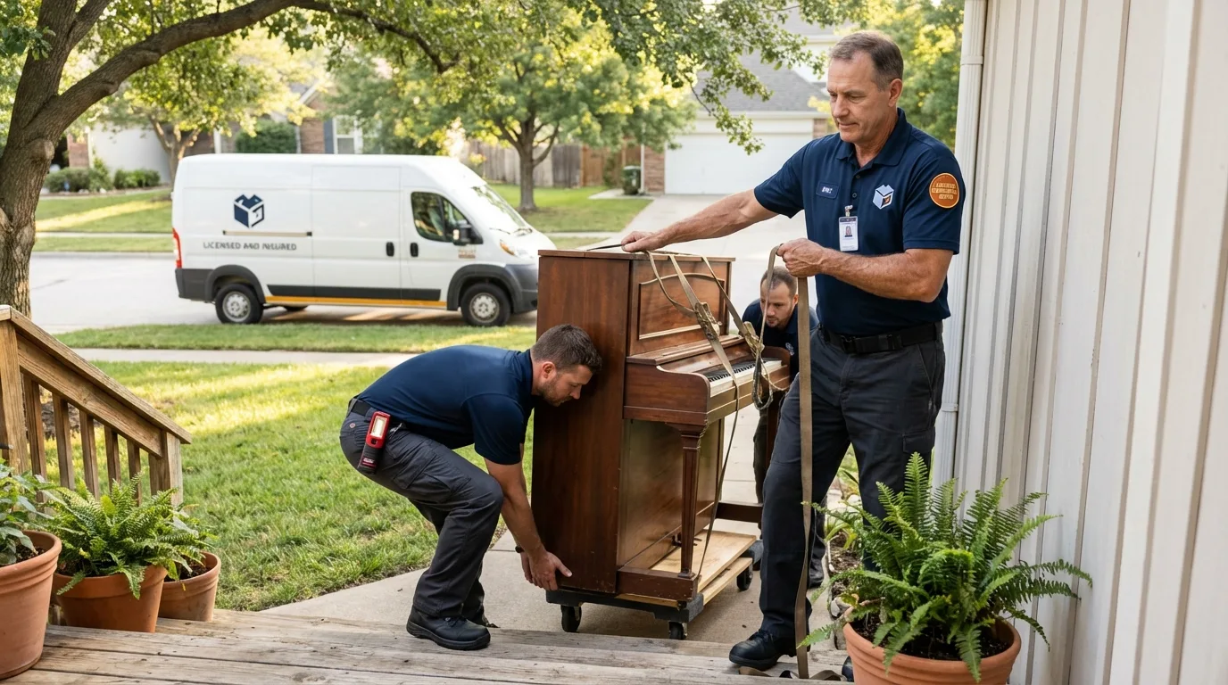 Licensed piano movers securing grand piano in Troy, TX
