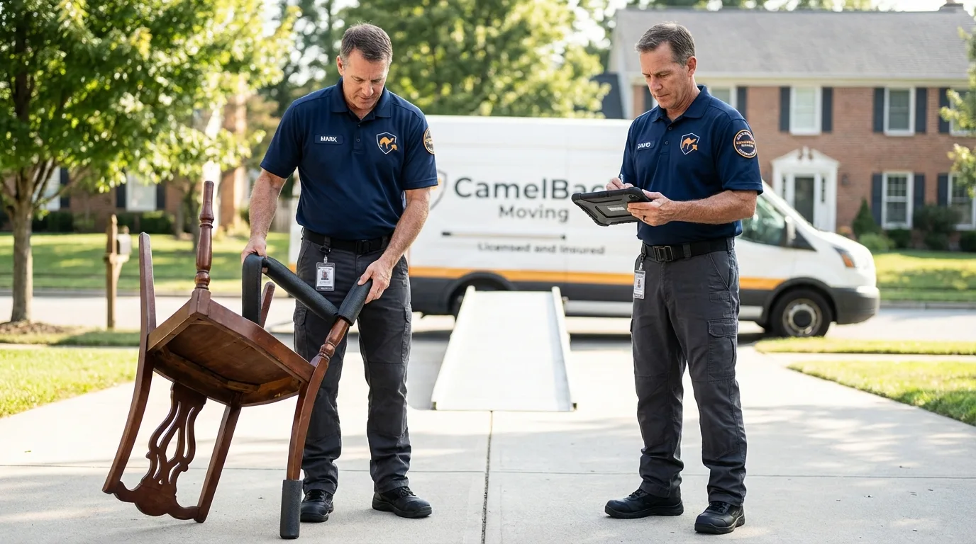 Movers inspecting furniture for damage prevention before loading in Troy, TX