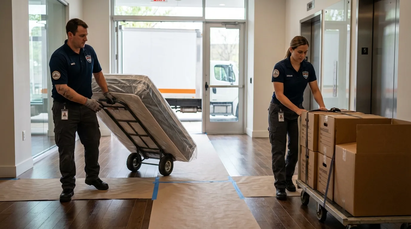 Professional apartment movers loading elevator in Troy, TX