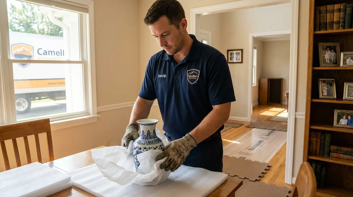Professional crew carefully wrapping antique vase for senior downsizing move in Troy, TX